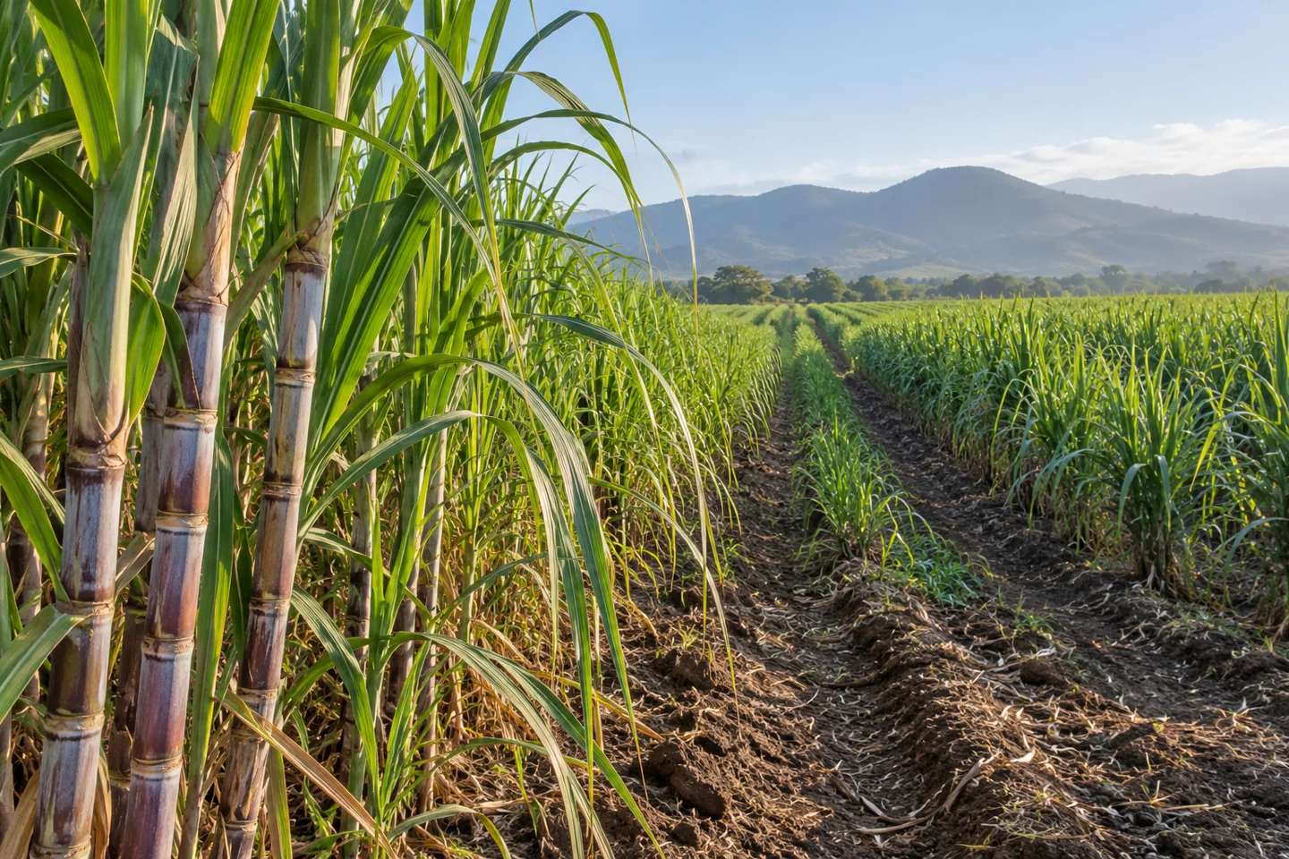 Cañaveral con tallos de caña de azúcar y surcos bajo luz natural