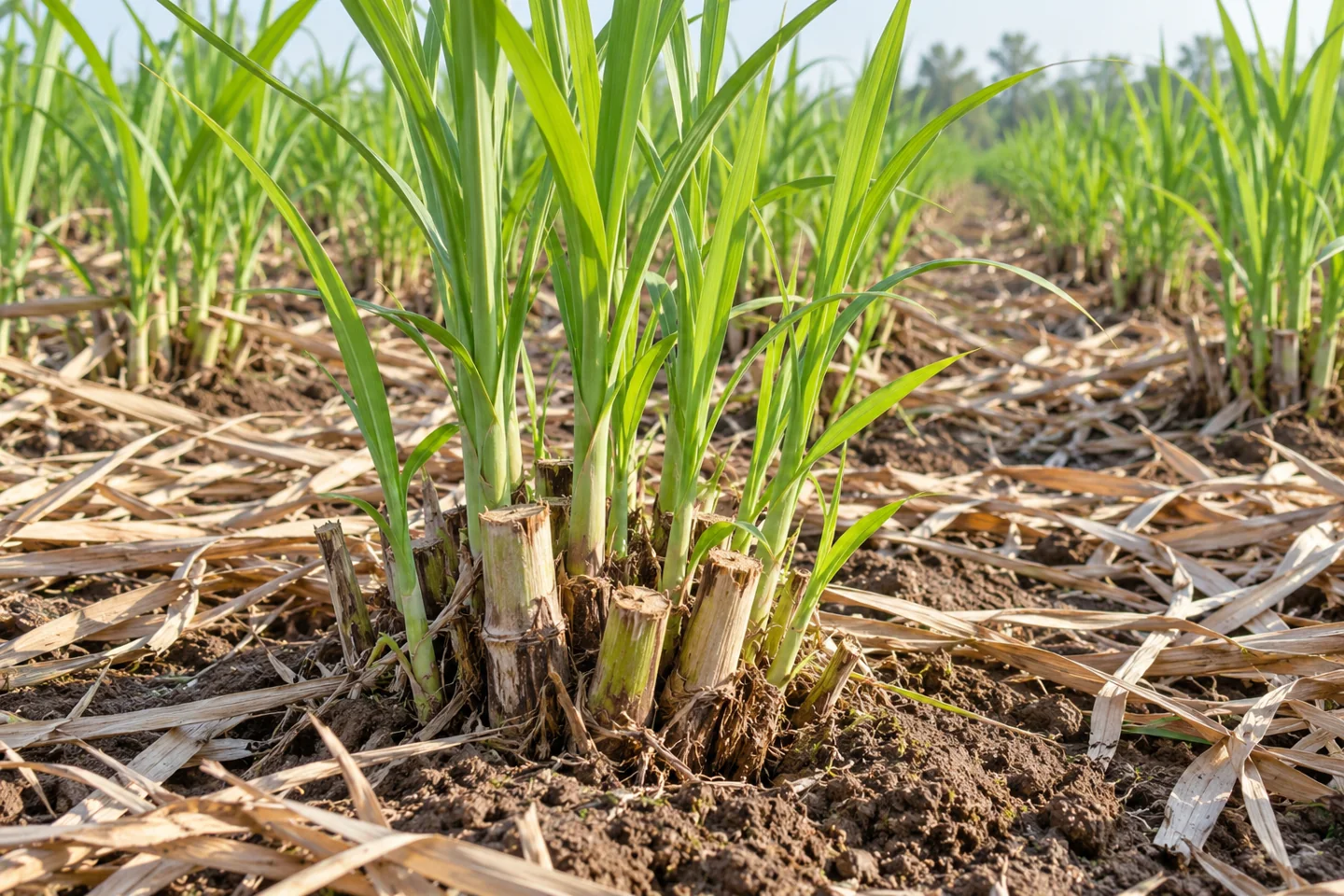 Brotes verdes de una cepa de caña después de la cosecha, con residuos entre líneas